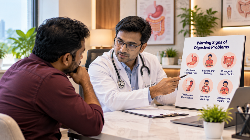 Doctor explaining common intestinal problems and their treatment options to a patient